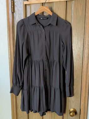 Zara Black Long-Sleeve Tiered Button Mini Dress